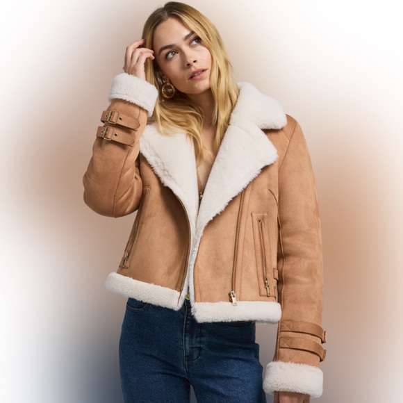 Generation Love Dion Vegan Suede Shearling Cognac Moto Jacket Size XXS (Small) - Picture 4 of 14